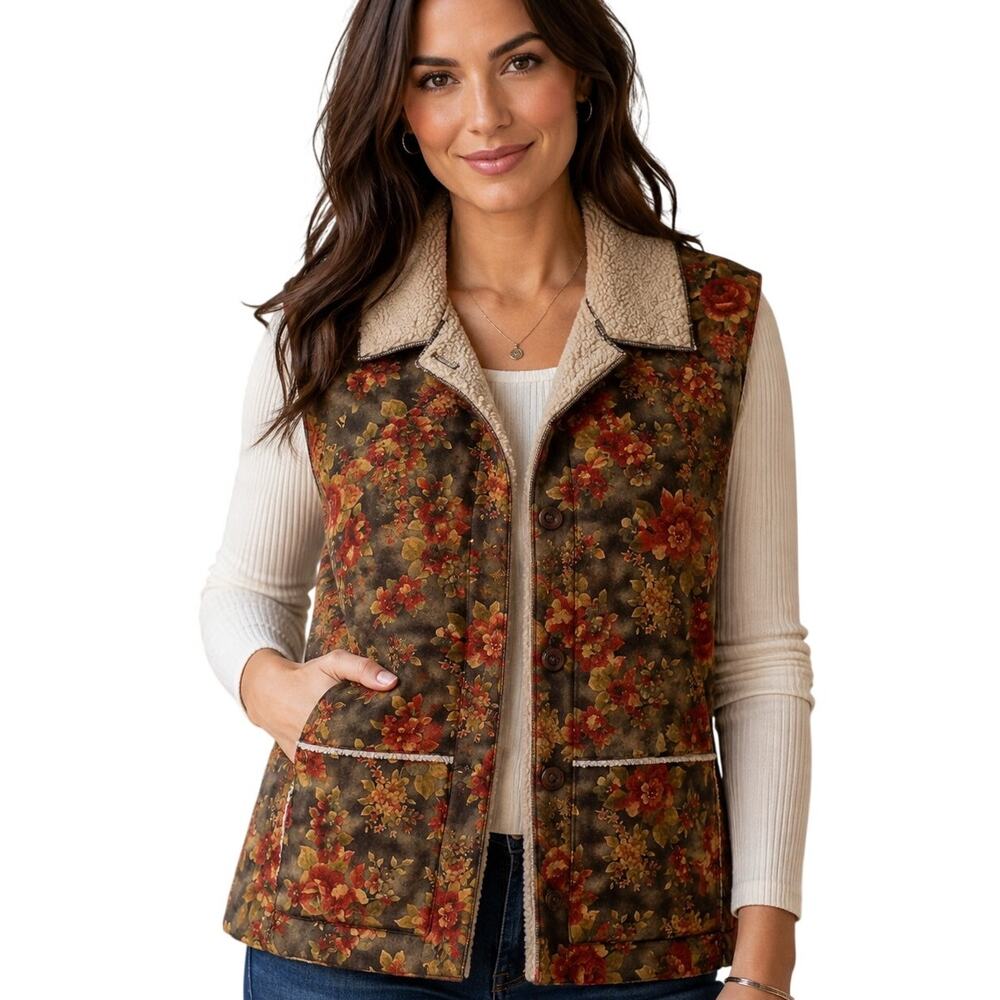 Coldwater Creek Faux Suede Vest Medium Sherpa-Lined Floral